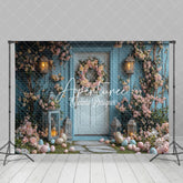 Aperturee - Aperturee Blue Vine Flowers Eggs Door Easter Photo Backdrop
